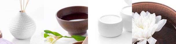 коллаж спа-принадлежностей и чаша с лотосом на воде на белом фоне
 - Фото, изображение