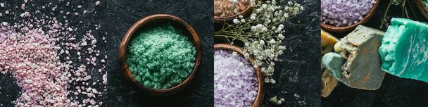 collage of organic bath salt and colorful soap on dark background - Photo, Image