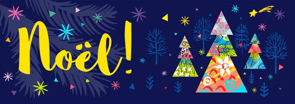 Noel lettering seasons colorful quote greeting banner. Merry Christmas tree stars snowflakes. New Year horizontal banner design pattern. - Vektori, kuva