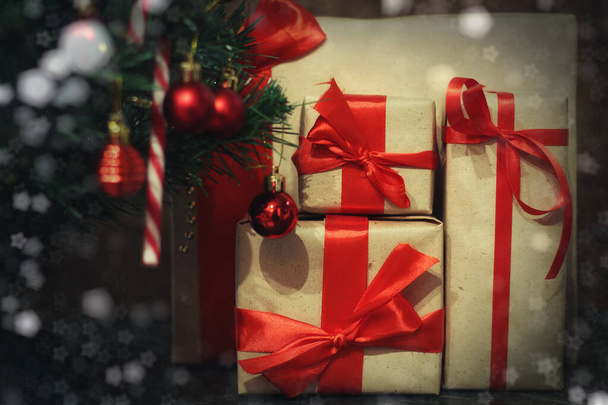 set of gifts near Christmas tree, close view - Fotografie, Obrázek
