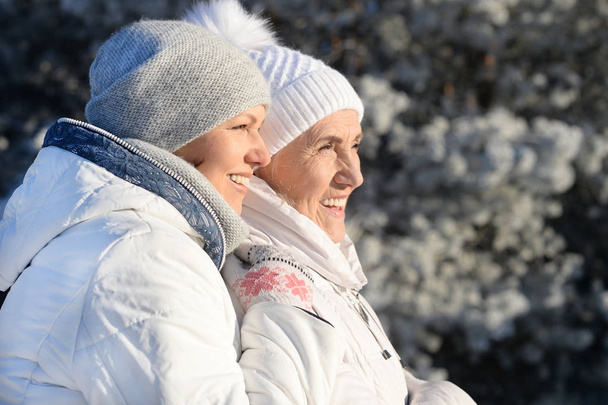 Gelukkig mooi senior vrouw met dochter kijken op afstand op besneeuwde winter park - Foto, afbeelding