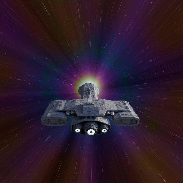 Науково-фантастична ілюстрація міжпланетного космічного корабля, що рухається швидше, ніж швидкість світла в гіперпросторі, 3d в цифровому вигляді ілюстрація
 - Фото, зображення