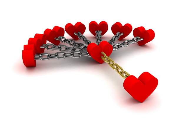 Siete corazones unidos con un corazón. Dependencia de relaciones pasadas. Concepto Ilustración 3D
. - Foto, imagen