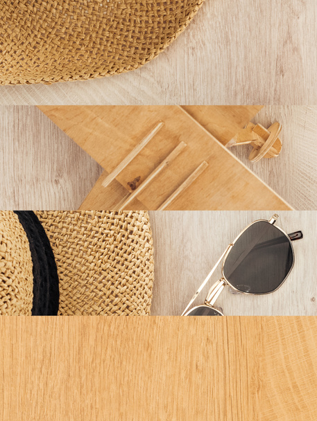 koláž rovinového modelu, slaměný klobouk a sluneční brýle na dřevěném stole, pojetí cestování - Fotografie, Obrázek