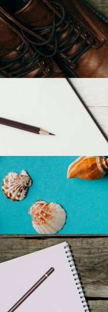 colagem de botas de couro, notebook em branco com lápis sobre fundo de madeira e conchas no fundo azul, conceito de viagem
 - Foto, Imagem