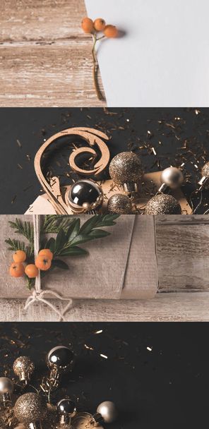 rusztikus barna szövet kollázsa tengeri homoktövissel és baubles-szel, karácsonyi dekoráció - Fotó, kép