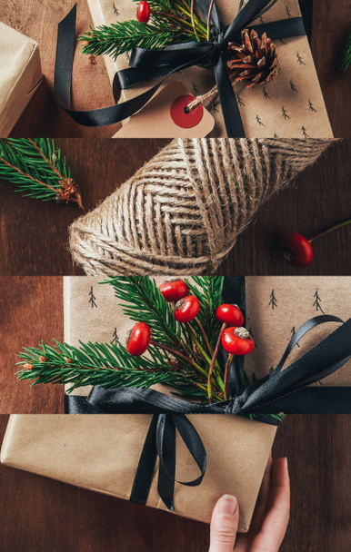 collage di regali di Natale festivi decorati su sfondo di legno
 - Foto, immagini