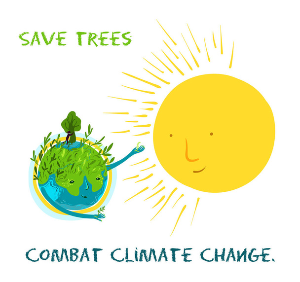 Ilustración vectorial sobre conservación de la naturaleza, árboles. Amor entre el sol y la tierra
. - Vector, imagen