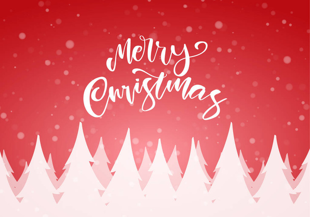 Handwritten brush lettering of Merry Christmas with snowy pine forest on red winter background. - Vector, Image