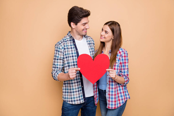 You my world. Portrait of romantic married spouses hold red big papercard heart look enjoy 14-february dream date wear checkered shirt isolated over beige color background - Foto, imagen