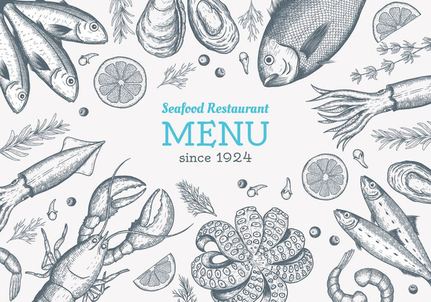 Vector frame with hand drawn seafood illustration - fresh fish, lobster, crab, oyster, mussel, squid and spice. Decorative card or flyer design with sea food sketch. Vintage menu template. - Vector, Image