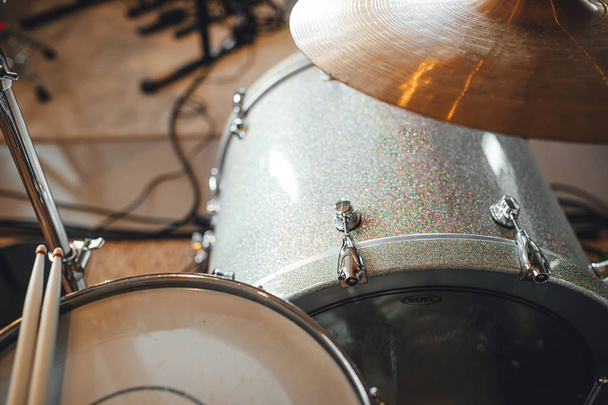 Drum set in sound recording studio. Drum kit in close up view  - Fotó, kép