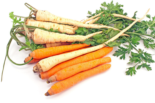 Fresh carrot and parsley with root isolated on white - Photo, Image