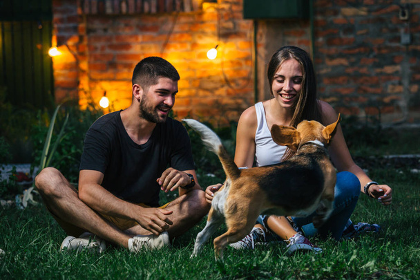 young couple playing with dog in home backyard - Valokuva, kuva