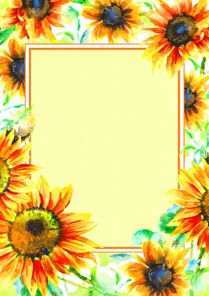 Watercolor hand paint sunflowers frame for design. - Φωτογραφία, εικόνα