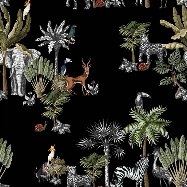 Безшовний візерунок з тропічними деревами і тваринами в графічному стилі. Векторні
. - Вектор, зображення