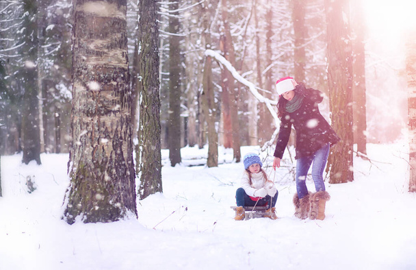 A winter fairy tale, a young mother and her daughter ride a sled - Foto, afbeelding