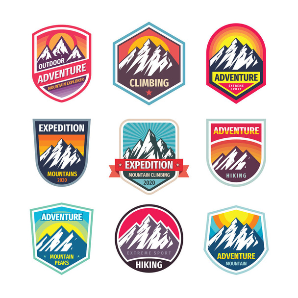 Mountain climbing - design logo badge set. Adventure outdoor creative vintage emblem collection. Vector illustration.  - Vector, Image