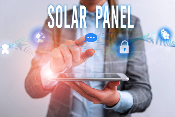 Handwriting text Solar Panel. Concept meaning designed to absorb suns rays source of energy generating Female human wear formal work suit presenting presentation use smart device. - Photo, Image