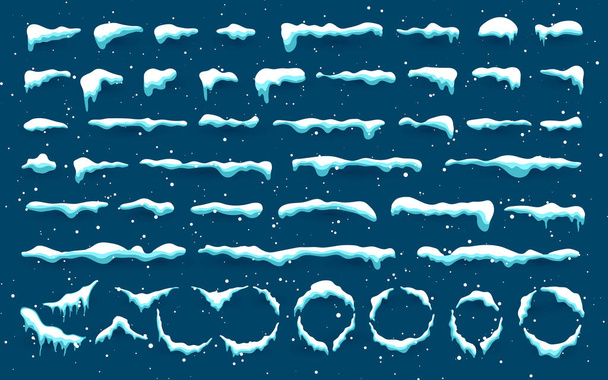 Conjunto de gorras de nieve, bolas de nieve y ventisqueros. Colección vectorial Snow cap. Elemento de decoración de invierno. Elementos nevados sobre fondo invernal. Plantilla de dibujos. Ilustración - Vector, Imagen