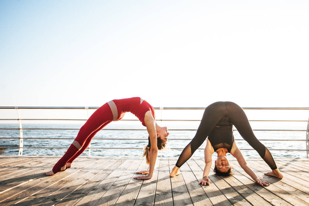 Side view of two sporty women stretching upside down while practicing pilates - Valokuva, kuva