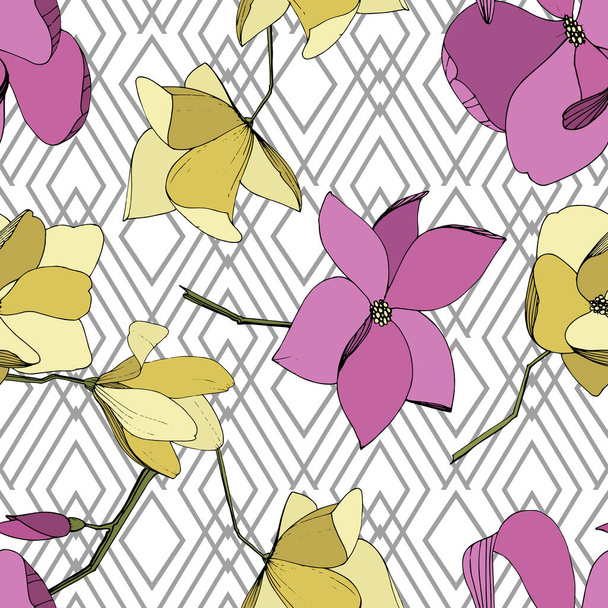 Vector Magnolia bloemen botanische bloemen. Paarse en gele gegraveerde inkt kunst. Naadloos achtergrond patroon. - Vector, afbeelding