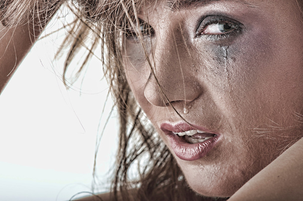 Woman in underwear crying - violence concept - Foto, imagen