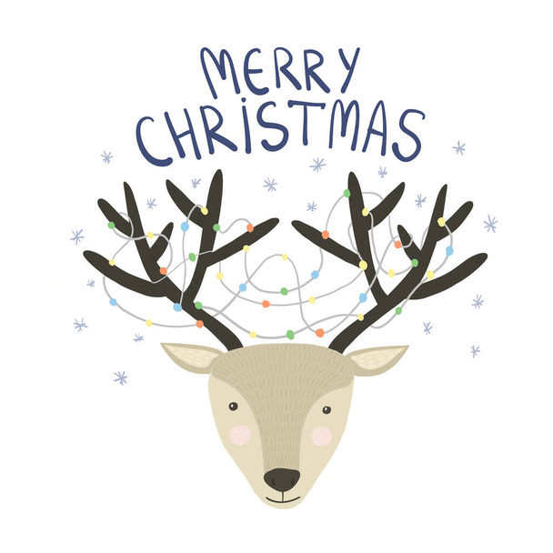 Christmas card with deer and garland in antlers - Vetor, Imagem