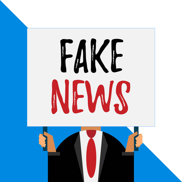 Conceptual hand writing showing Fake News. Business photo showcasing Giving information to showing that is not true by the media Man chest dressed dark suit tie face holding big rectangle. - Photo, Image