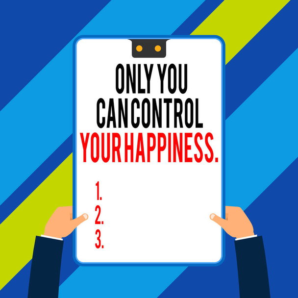 Word writing text Only You Can Control Your Happiness. Business concept for Personal Selfmotivation inspiration Two executive male hands holding electronic device geometrical background. - Photo, Image