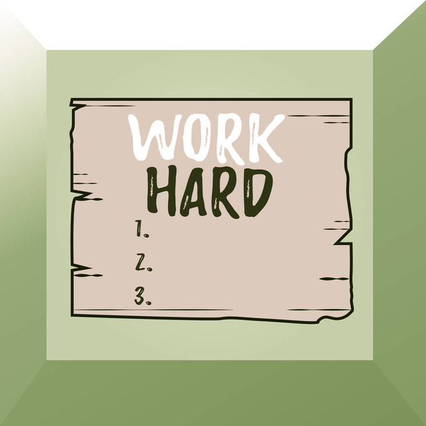 Conceptual hand writing showing Work Hard. Business photo showcasing Laboring that puts effort into doing and completing tasks Wooden plank slots grooves wood panel colored board lumber. - Photo, Image
