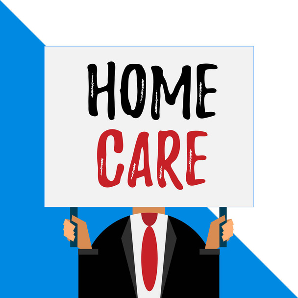 Conceptual hand writing showing Home Care. Business photo showcasing Place where showing can get the best service of comfort rendered Man chest dressed dark suit tie face holding big rectangle. - Photo, Image