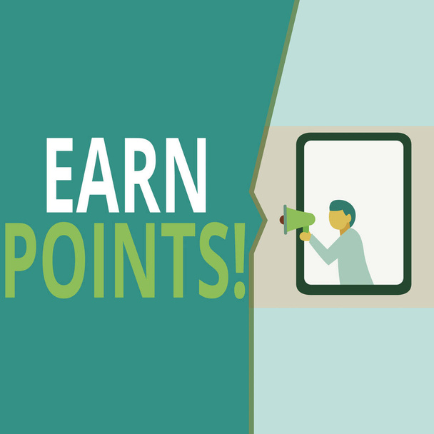 Conceptual hand writing showing Earn Points. Business photo text collecting scores in order qualify to win big prize Geometrical background man chest holding megaphone speech bubble. - Photo, Image