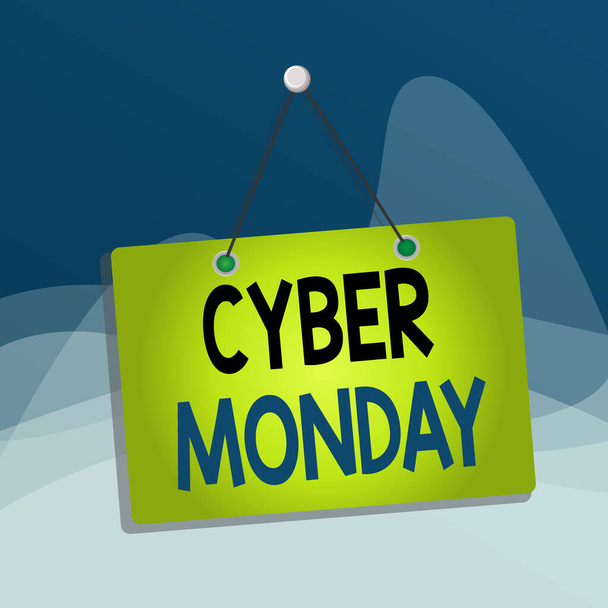 Writing note showing Cyber Monday. Business photo showcasing Monday after the Thanksgiving holiday Online shopping day Memo reminder empty board attached background rectangle. - Photo, Image