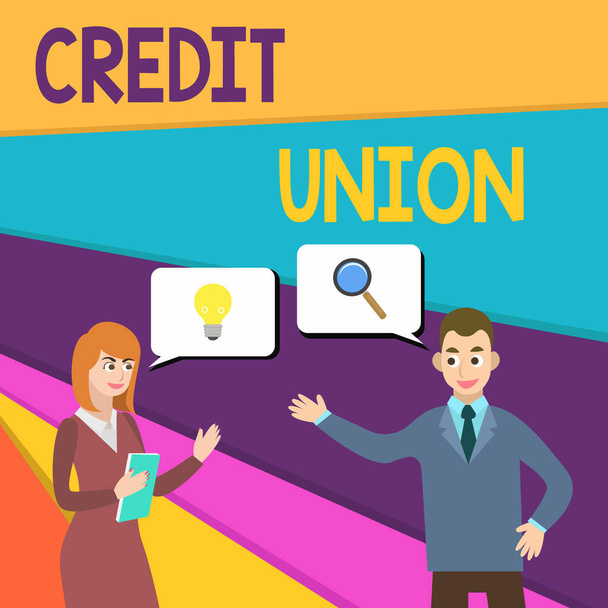 Text sign showing Credit Union. Conceptual photo cooperative association that makes small loans to members Business Partners Colleagues Jointly Seeking Problem Solution Generate Idea. - Photo, Image