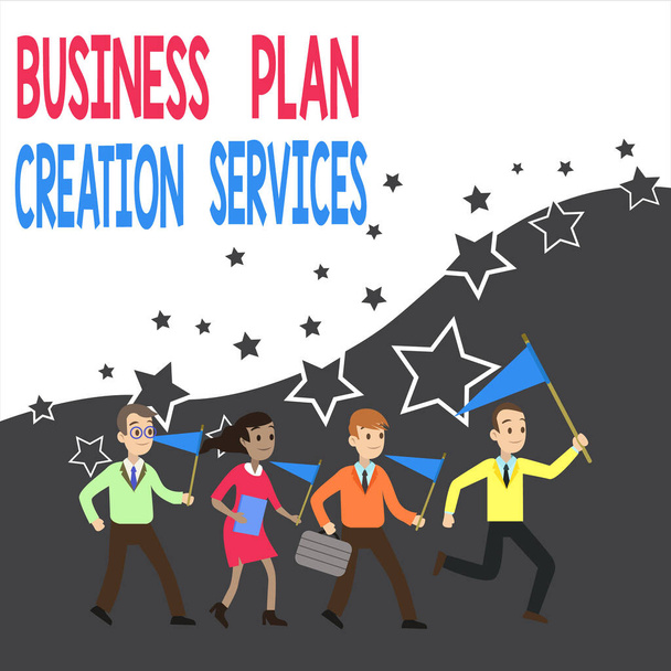 Conceptual hand writing showing Business Plan Creation Services. Business photo text paying for professional to create strategy Crowd Flags Headed by Leader Running Demonstration Meeting. - Photo, Image