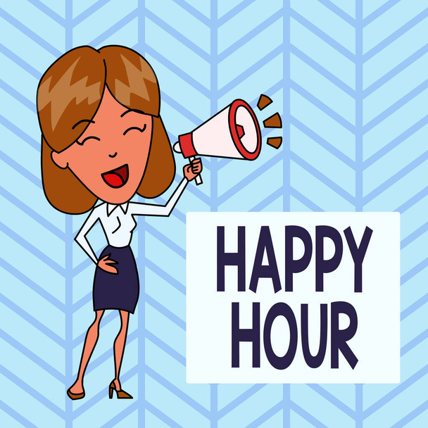 Word writing text Happy Hour. Business concept for Spending time for activities that makes you relax for a while Young Woman Speaking into Blowhorn Volume Icon Colored Backgdrop Text Box. - Photo, Image