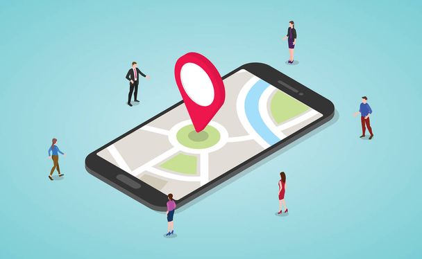 GPS навигации концепции с людьми и смартфона и карт и маркера с современным изометрическим плоским стилем - вектор
 - Вектор,изображение