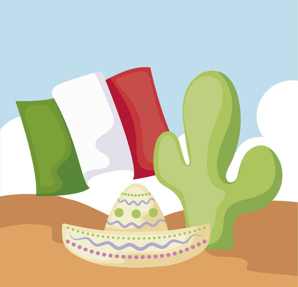 κάκτος με μεξικάνικο καπέλο και έρημο στο παρασκήνιο - Διάνυσμα, εικόνα