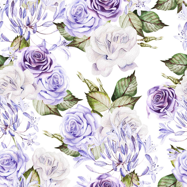 Beautiful watercolor seamless pattern with  white and purple roses, bud.  - Fotó, kép