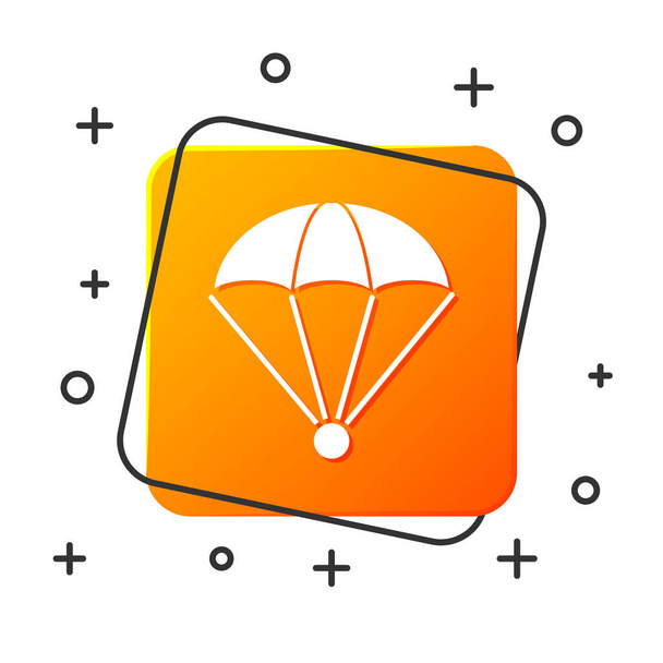 Biała ikona spadochronu odizolowana na białym tle. Pomarańczowy przycisk. Ilustracja wektora - Wektor, obraz