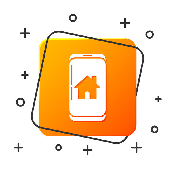 スマートホームアイコンを持つ白い携帯電話は、白い背景に隔離されています。リモートコントロール。オレンジ色の正方形のボタン。ベクトルイラストレーション - ベクター画像