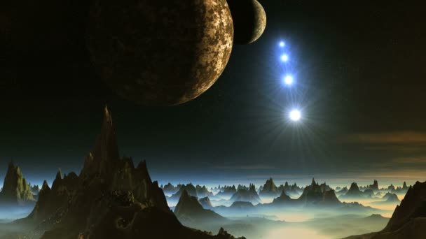 Két Hold és Lövöldöző Csillag az Alien Planet felett. A hegyek felett, sötét csillagos égbolton, két nagy bolygó. Világoskék tárgyak (Ufo) repülnek a horizont felé. Rózsaszín felhők lebegnek az égen. A hegyet köd borítja.. - Felvétel, videó