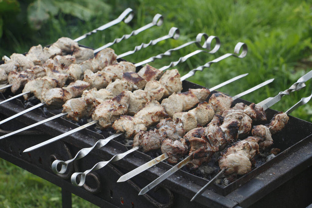 Cooking barbecue skewers. Marinated kebab is grilled on charcoal. - Zdjęcie, obraz