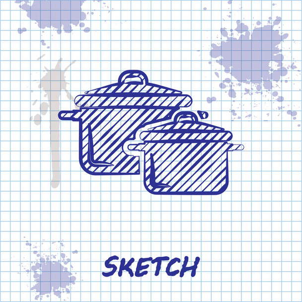 Sketch line Ícone do pote de cozinha isolado no fundo branco. Ferva ou guisado símbolo de comida. Ilustração vetorial
 - Vetor, Imagem