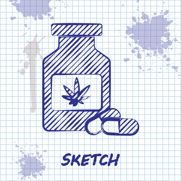 Línea de boceto Botella médica con marihuana o icono de hoja de cannabis aislado sobre fondo blanco. Simulación de extractos de aceite de cannabis en frascos. Ilustración vectorial - Vector, imagen