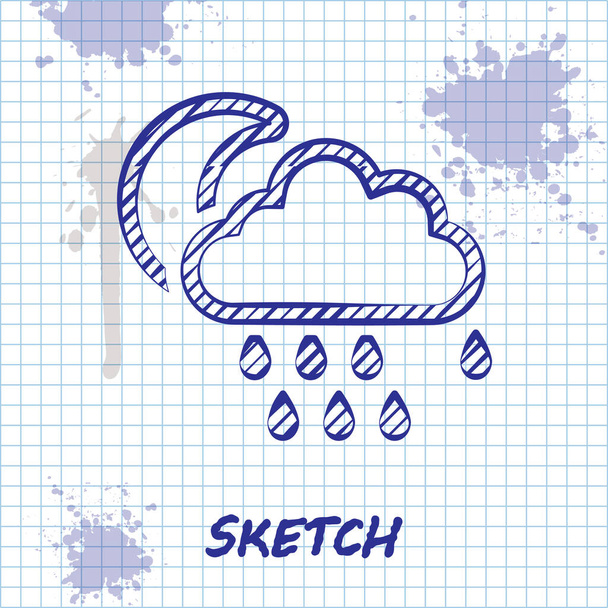 Skizze Linie Wolke mit Regen und Mond-Symbol isoliert auf weißem Hintergrund. Regenwolken Niederschlag mit Regentropfen. Vektorillustration - Vektor, Bild