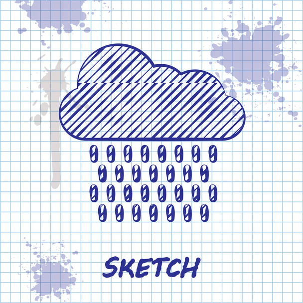 Sketch line Nuage avec icône de pluie isolée sur fond blanc. Précipitation de nuages de pluie avec gouttes de pluie. Illustration vectorielle - Vecteur, image
