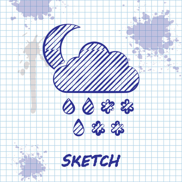 Sketch line Cloud with snow, rain and moon icon isolated on white background. Weather icon. Vector Illustration - Vector, Image