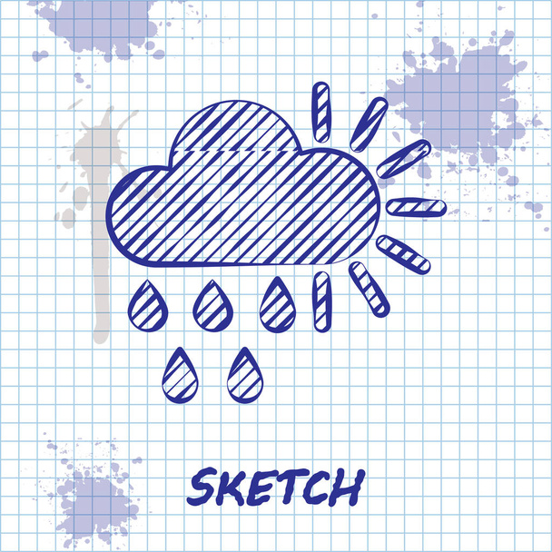 Skizze Linie bewölkt mit Regen und Sonne Symbol isoliert auf weißem Hintergrund. Regenwolken Niederschlag mit Regentropfen. Vektorillustration - Vektor, Bild